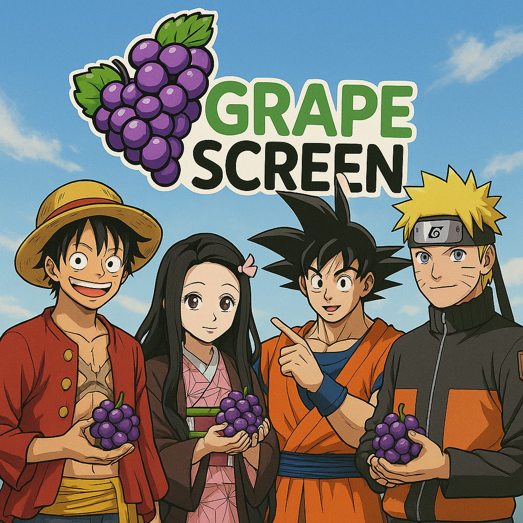 ChatGPT Image May 27, 2025, 10_47_04 PM some popular anime charectors holding grapes and grapescreen logo behind