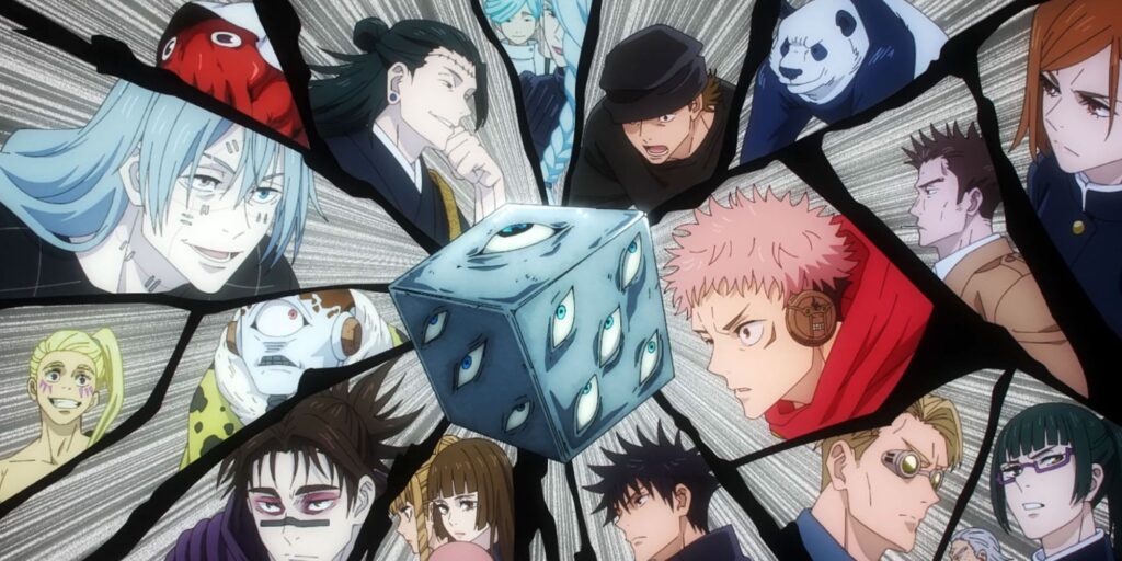 ntense character showdown from Jujutsu Kaisen featuring both sorcerers and curses locked in a dramatic face-off with a mysterious cube of eyes at the center. A powerful scene from one of the most awaited anime 2025, packed with action, suspense, and dark supernatural energy.
