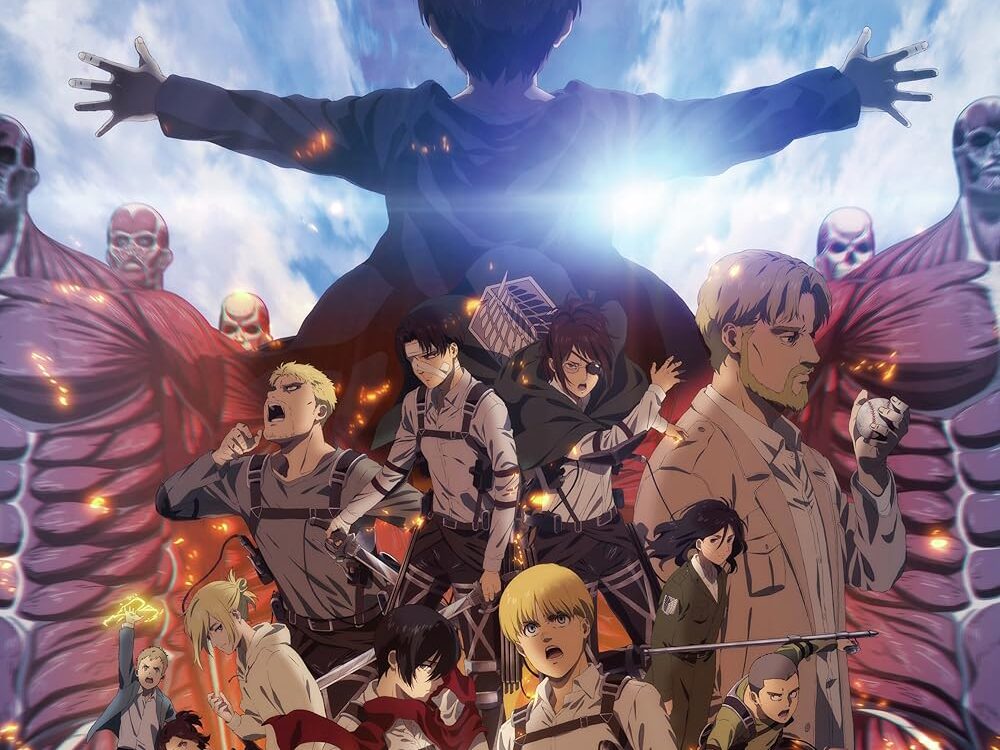 Official Attack on Titan: The Final Season – The Last Attack poster, featuring Eren Yeager standing tall with arms wide open in front of massive Colossal Titans, while key characters like Levi, Mikasa, Armin, Reiner, and Annie prepare for their final battle. A dramatic visual from the most awaited anime 2025, capturing the climax of an iconic series.