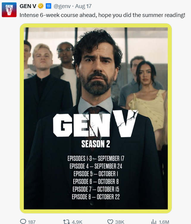 Promotional poster for Gen V Season 2 announcing the official release schedule. The image features key characters standing together, highlighting an intense academic-style theme for the upcoming episodes. The Gen V Season 2 premiere drops episodes 1–3 on September 17, followed by weekly releases through October 22, promising fans six weeks of action-packed drama and suspense in The Boys universe.