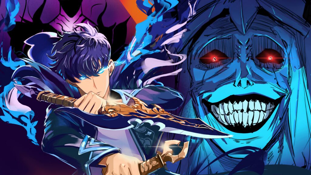 Epic high-resolution artwork from the most awaited anime 2025, showing the main character of Solo Leveling, Sung Jin-Woo, holding a glowing magical sword with blue flames swirling around him, facing a terrifying demon with glowing red eyes and a sinister grin.