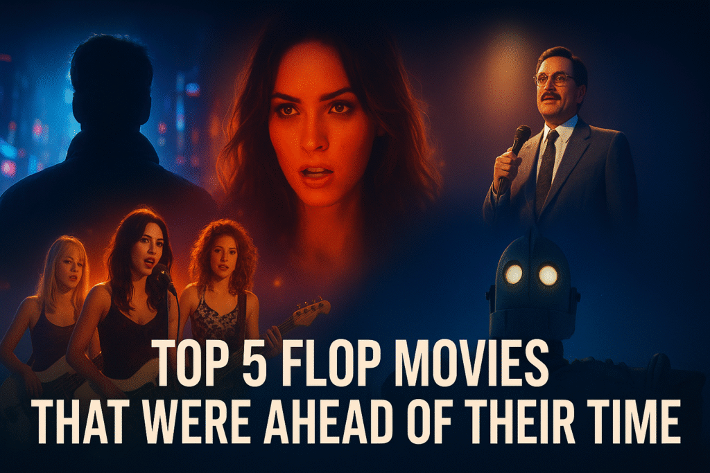 Thumbnail for blog titled Top 5 Flop Movies That Were Ahead of Their Time, featuring cinematic characters and scenes from underrated films in a dramatic collage. The design visually represents the theme of flop movies that were creatively ahead of their era, with a modern, professional layout and 16:9 aspect ratio.