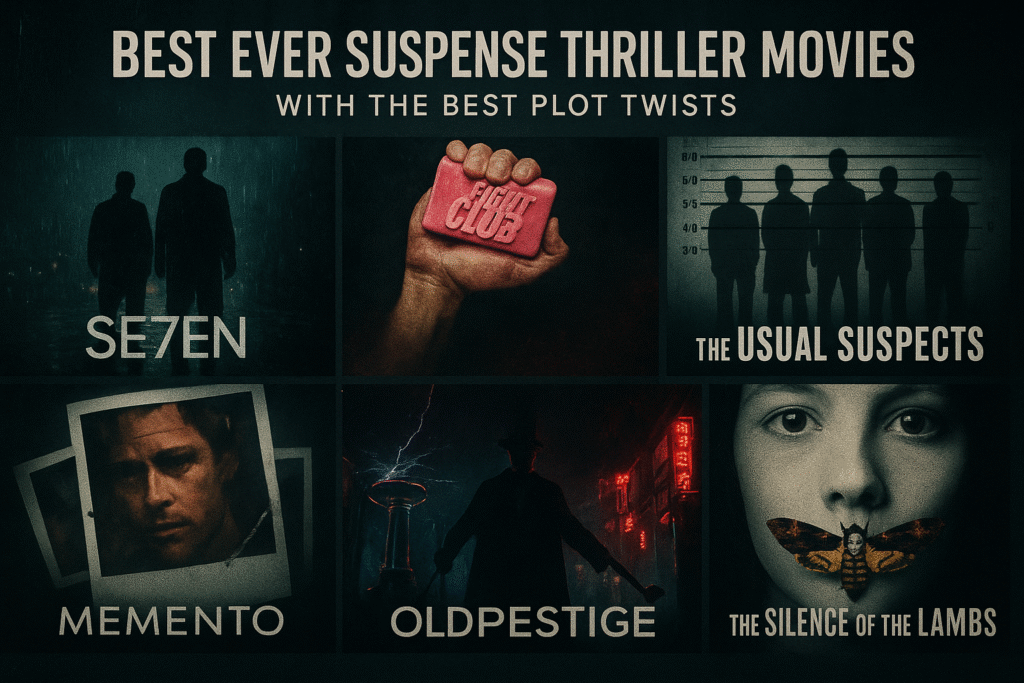 A cinematic 16:9 collage-style poster featuring seven iconic suspense thriller movies. At the top, bold beige text reads “Best Ever Suspense Thriller Movies” with the subtitle “With the Best Plot Twists.” The poster is divided into six dark-toned panels. The first panel shows two shadowy figures walking in rain, labeled “SE7EN.” The second shows a hand holding a pink bar of soap with the “Fight Club” logo. The third depicts silhouettes of men standing in a police lineup labeled “The Usual Suspects.” The fourth panel shows overlapping Polaroid photos of a man’s face, labeled “Memento.” The fifth shows a mysterious man in a top hat walking between electrical coils and neon-lit alleys, labeled “Oldpestige” (intended to combine Oldboy and The Prestige). The sixth panel features a woman’s face with a death’s-head hawk moth covering her mouth, labeled “The Silence of the Lambs.” The overall design uses dark, moody colors, film-grain texture, and thriller aesthetics.