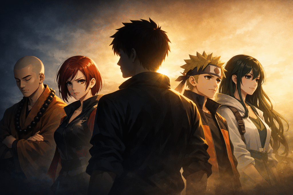 A cinematic group of anime-inspired characters standing together at sunset, symbolizing inspiring anime life lessons about growth, purpose, discipline, and emotional strength.