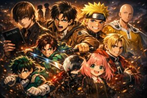 Professional anime collage thumbnail showing iconic characters from Death Note, Attack on Titan, Naruto, Demon Slayer, One Punch Man, My Hero Academia, Tokyo Ghoul, Spy x Family, and Fullmetal Alchemist, representing the best anime for beginners with action, emotion, and popular starter series in a cinematic 16:9 layout
