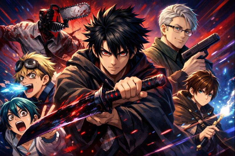 Anime collage thumbnail showing intense sword-wielding hero, chainsaw devil fighter, assassin with gun, and supernatural characters, representing future hit anime expected to dominate in 2026 and beyond
